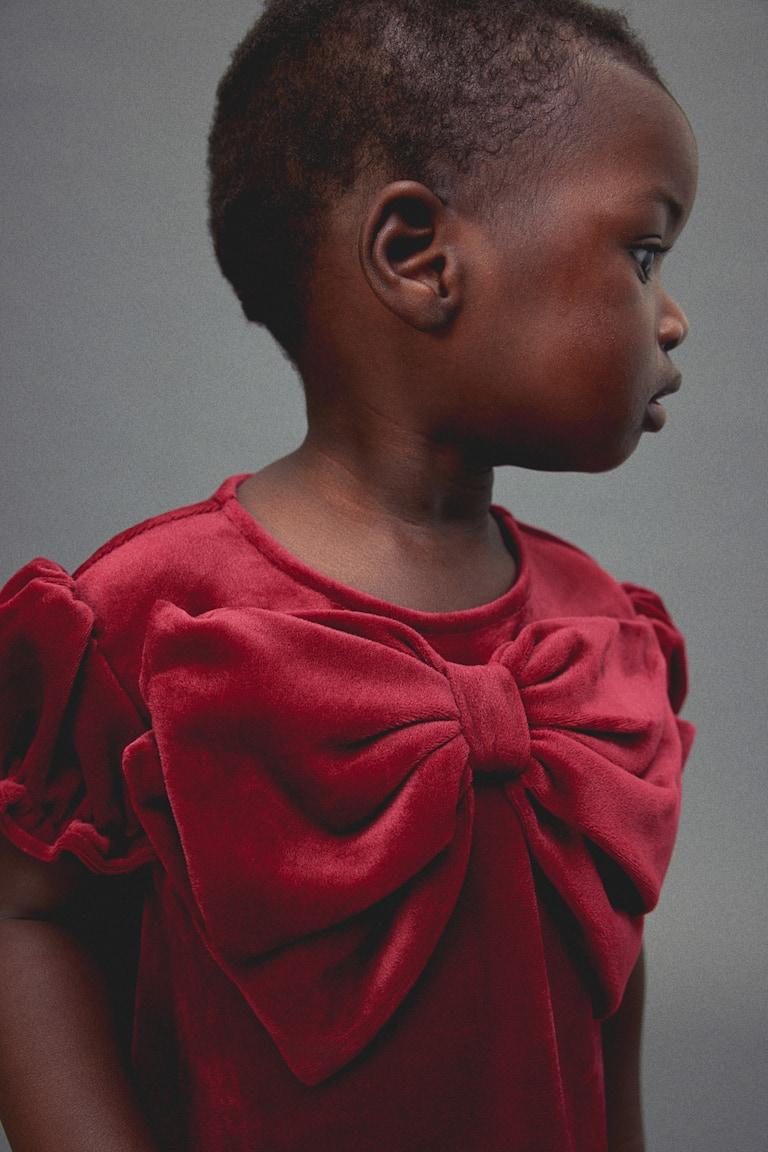 H&M Abito In Velour Con Fiocco - Rosso Scuro - BAMBINO