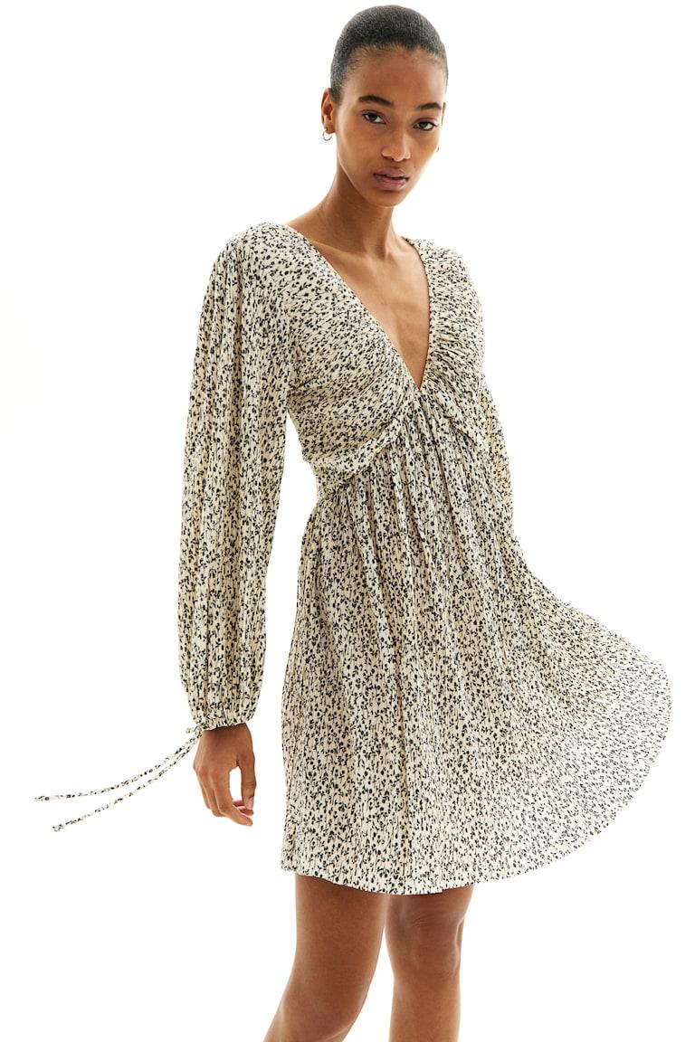 H&M Abito plissettato - Crema/fiori - DONNA
