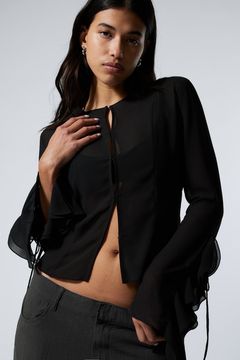 H&M Blusa A Maniche Lunghe Con Gale - Nero - DONNA