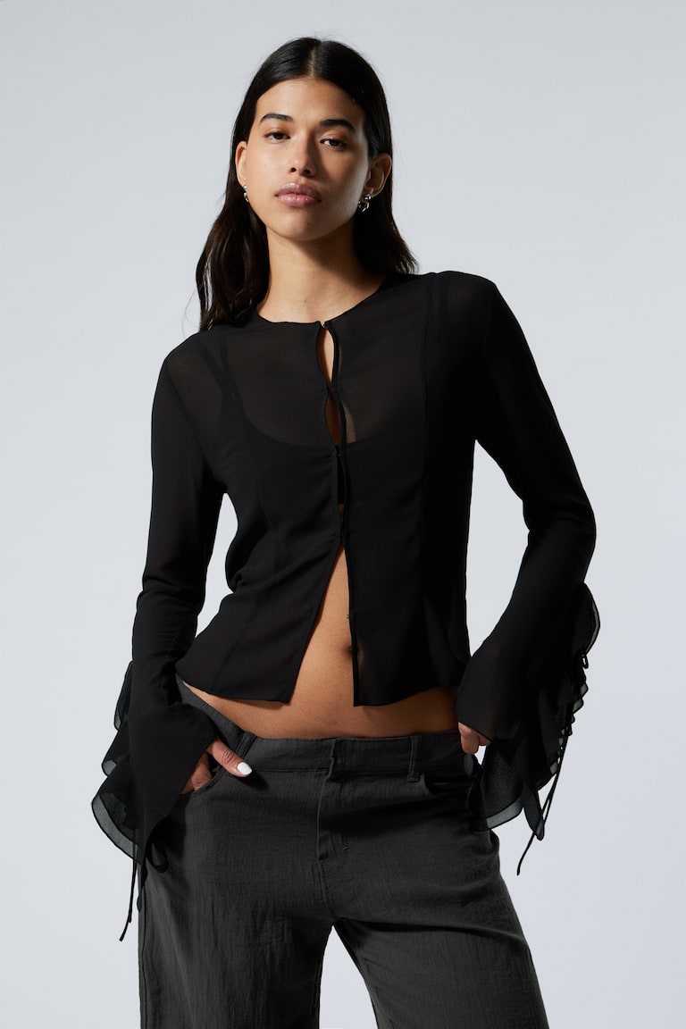 H&M Blusa a maniche lunghe con gale - Nero - DONNA