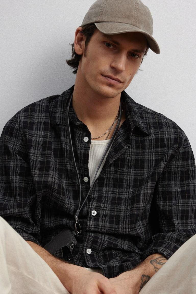 H&M Camicia Strutturata Loose Fit - Nero/quadri - UOMO