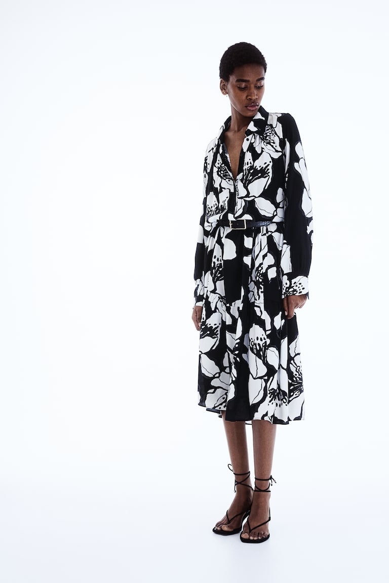 H&M Chemisier In Viscosa - Nero/bianco Fiori - DONNA