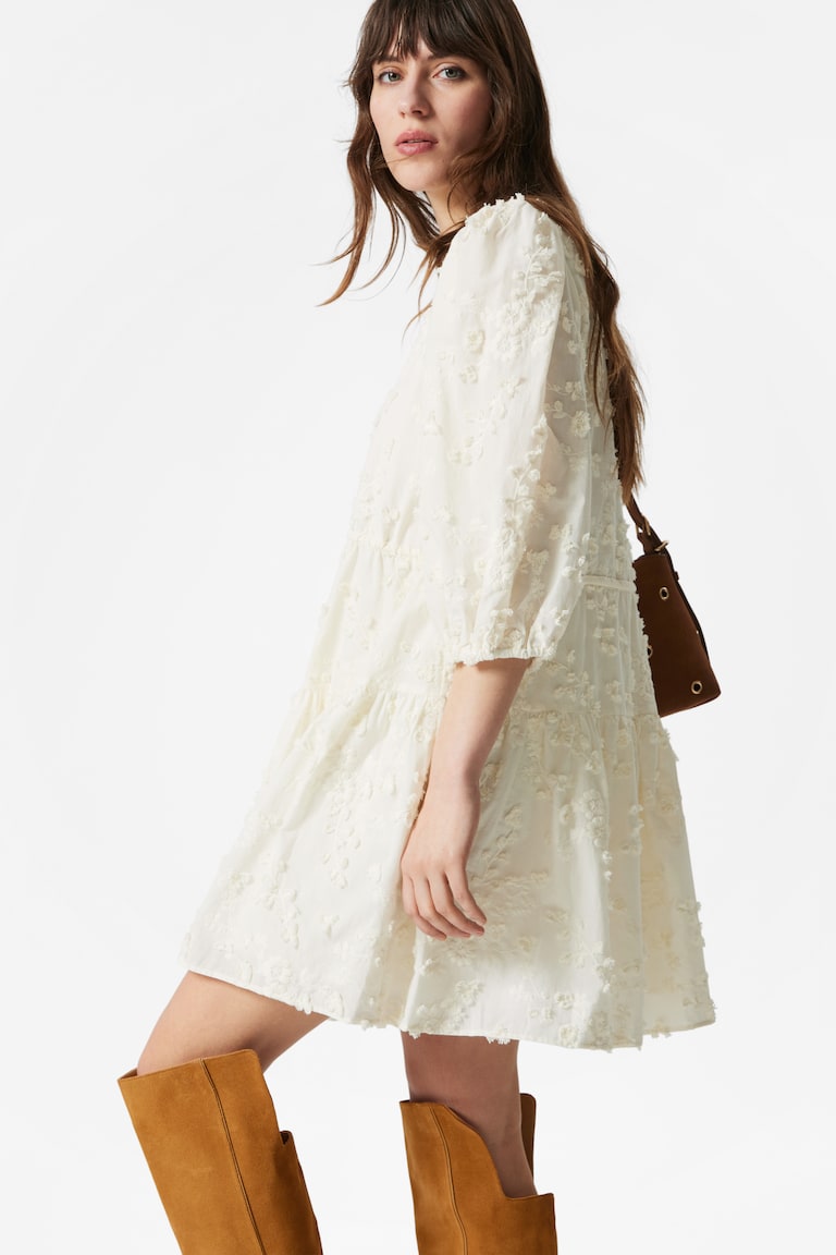 H&M Embroidered Mini Dress - Crema - DONNA