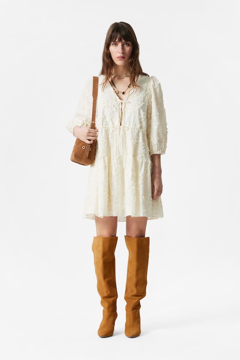 H&M Embroidered Mini Dress - Crema - DONNA