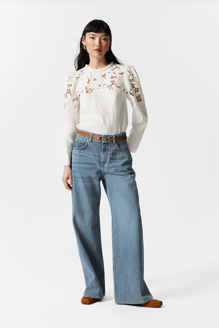 H&M Embroidered Puff-Sleeve Blouse - Bianco - DONNA