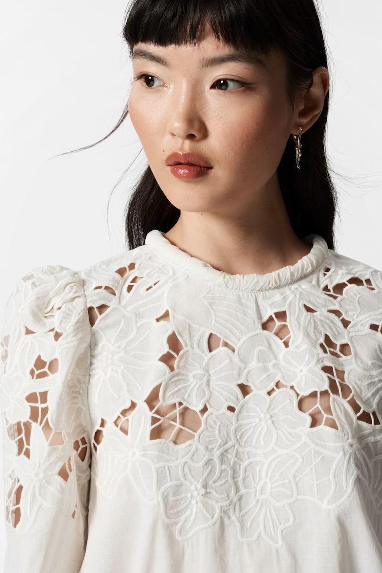 H&M Embroidered Puff-Sleeve Blouse - Bianco - DONNA