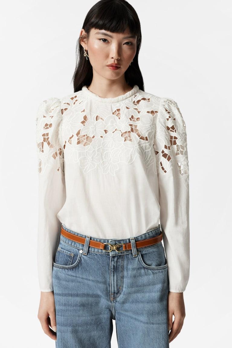 H&M Embroidered Puff-Sleeve Blouse - Bianco - DONNA