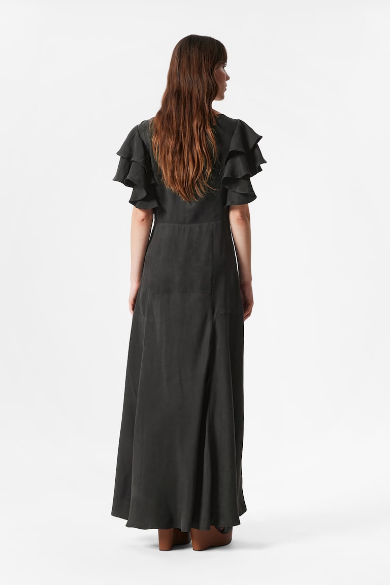 H&M Frilled Satin Maxi Dress - Nero - DONNA