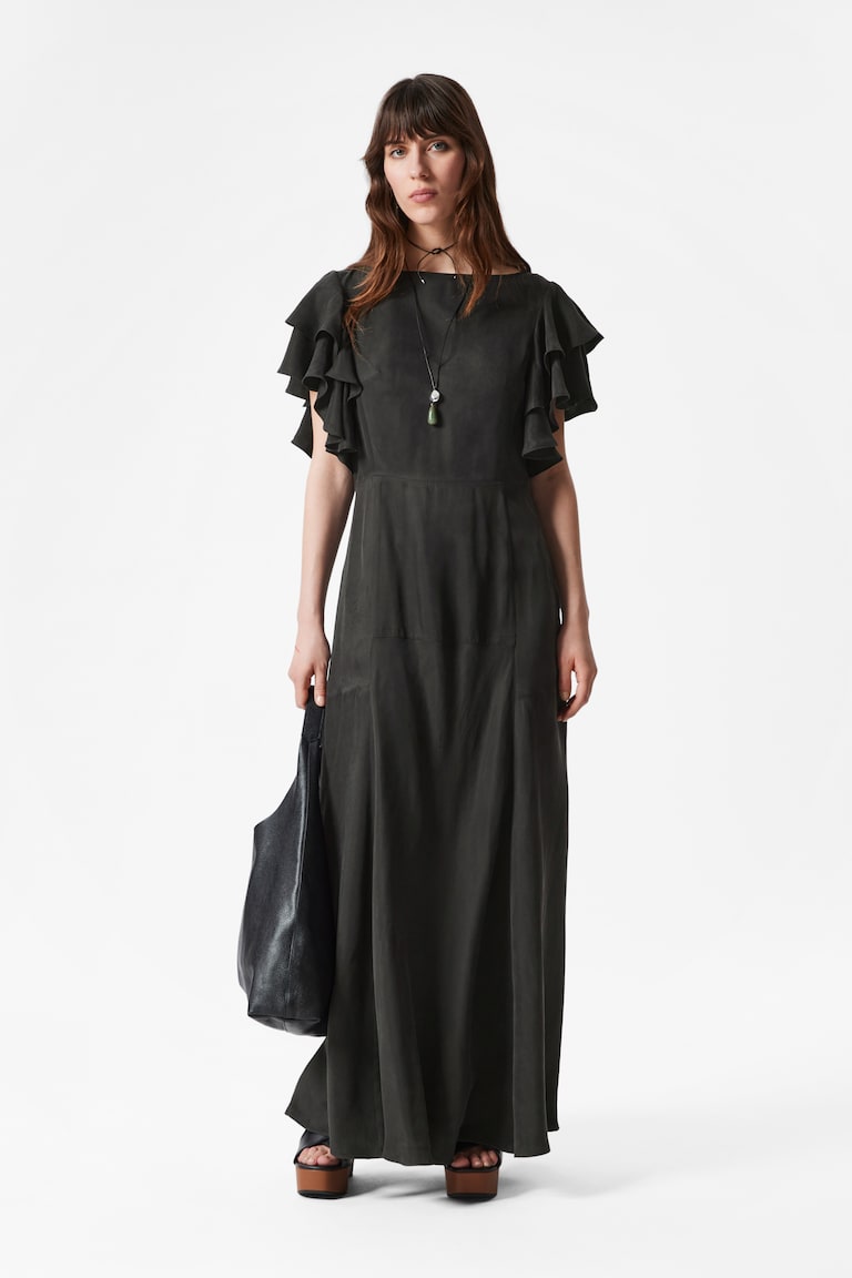 H&M Frilled Satin Maxi Dress - Nero - DONNA