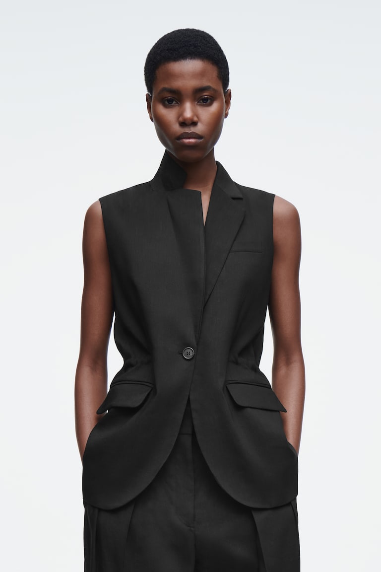 H&M GILET SLIM IN LINO - NERO - DONNA