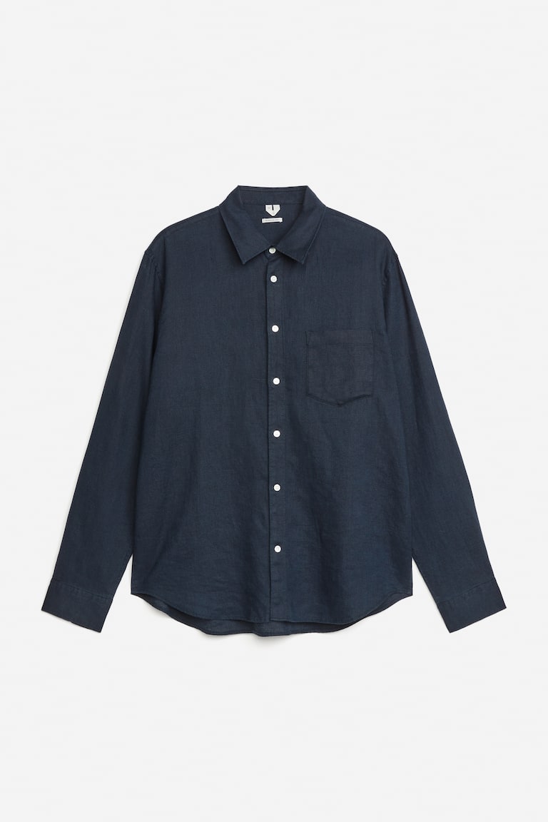 H&M Regular-Fit Linen Shirt - Blu scuro - UOMO