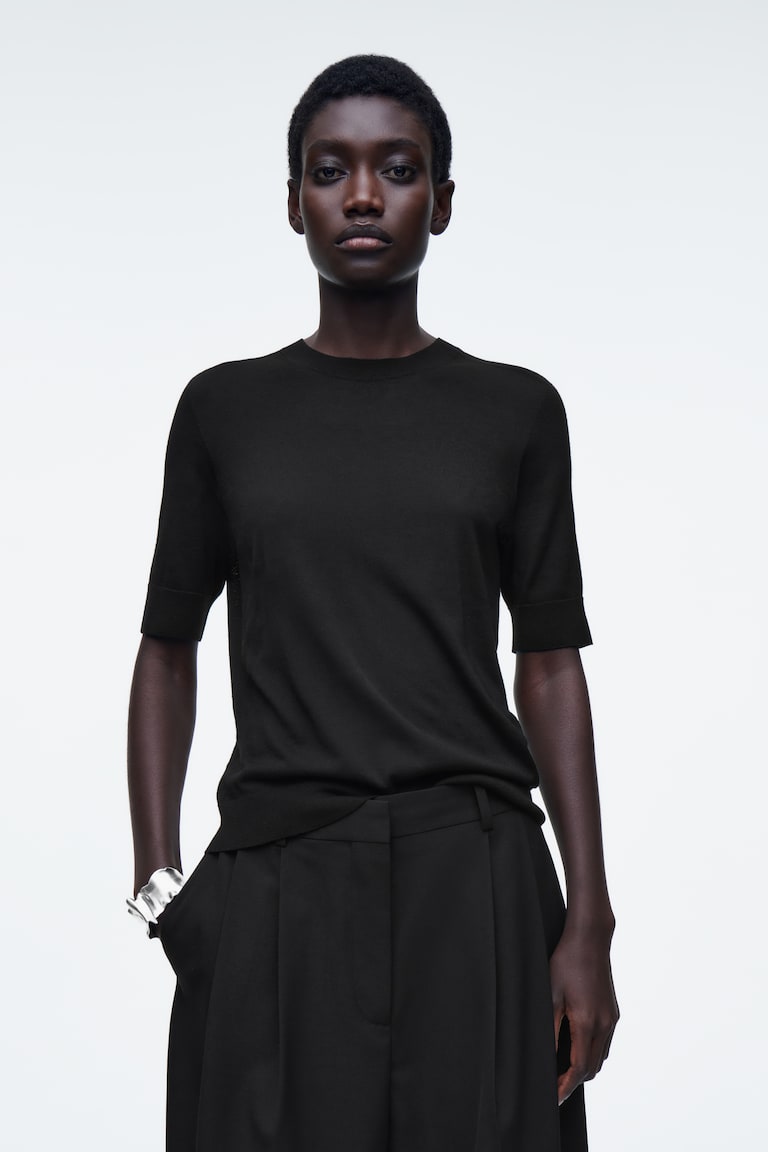 H&M T-SHIRT SLIM IN LANA MERINO - NERO - DONNA
