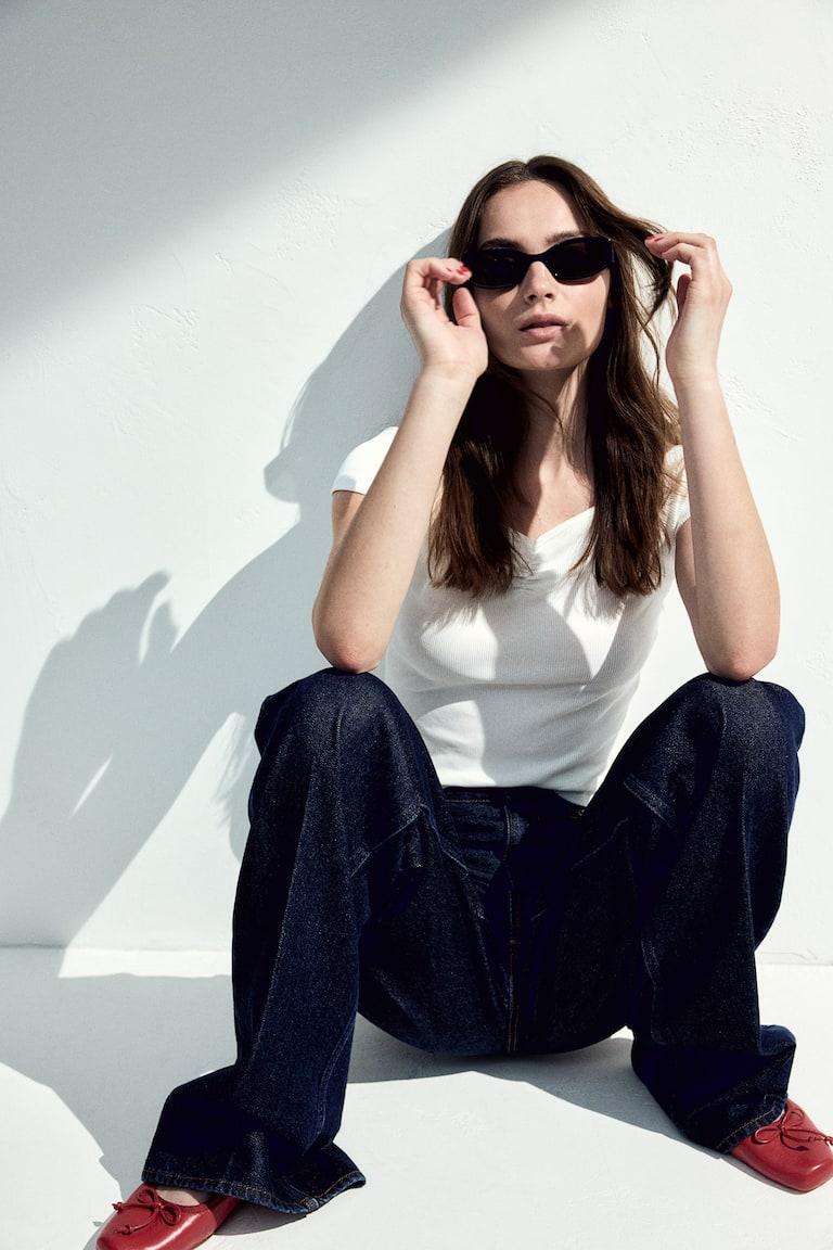 H&M Top A Costine Con Scollo A Barca - Crema - DONNA