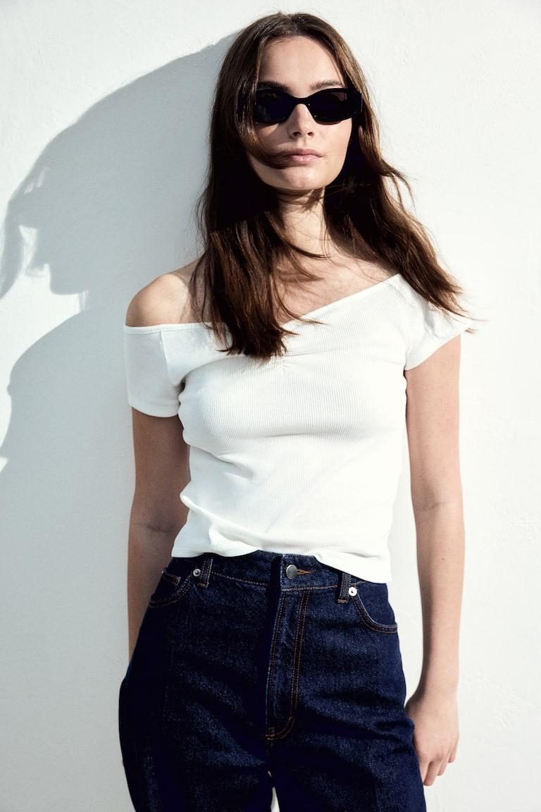 H&M Top A Costine Con Scollo A Barca - Nero - DONNA