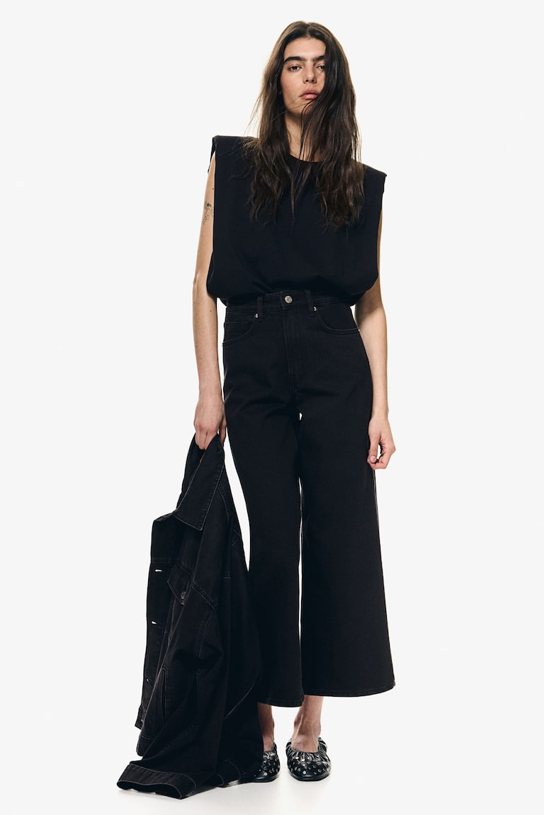 H&M Wide High Cropped Jeans - Bianco - DONNA