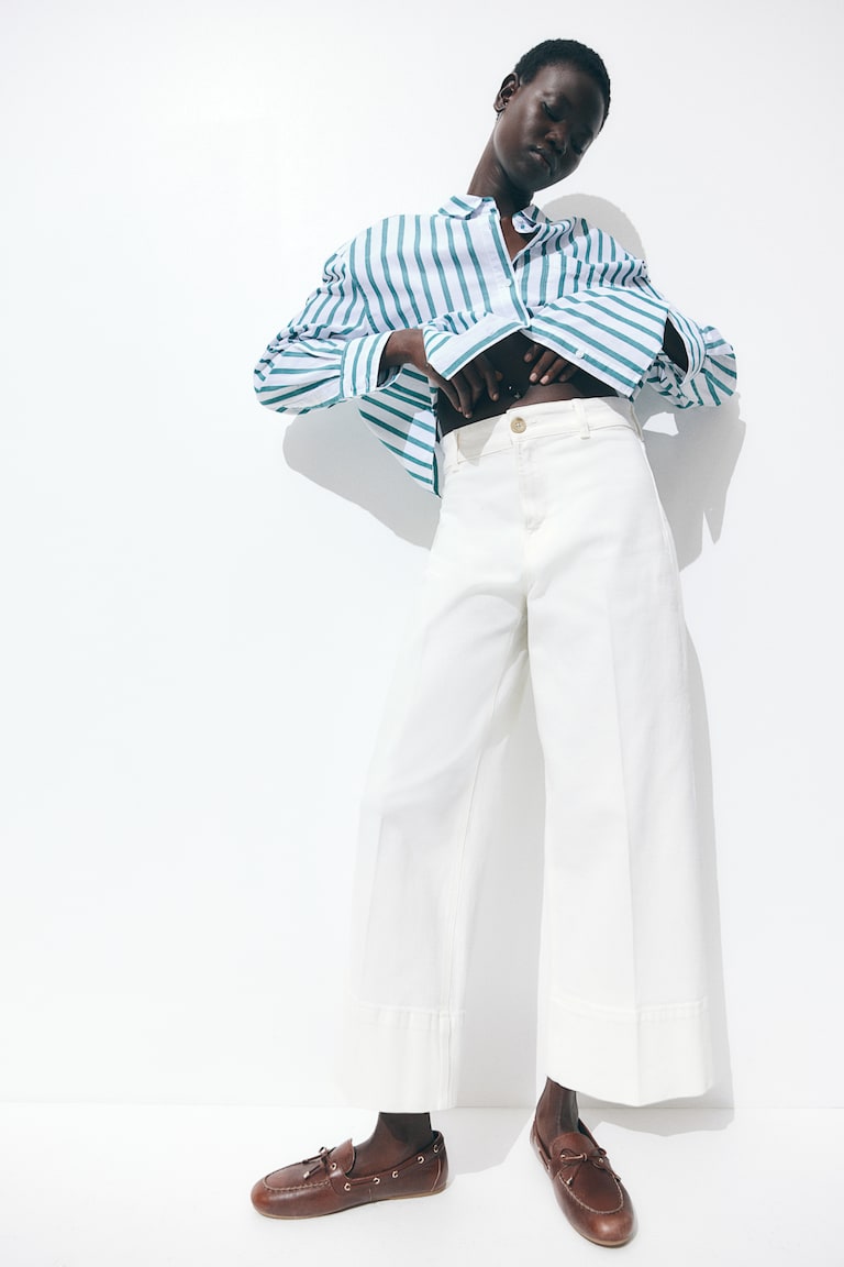 H&M Wide High Cropped Jeans - Blu Denim Chiaro - DONNA