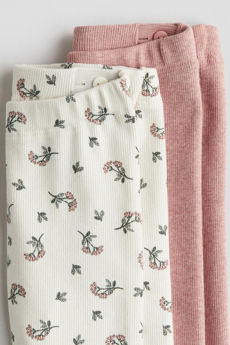 H&M Leggings In Cotone A Coste 2 Pezzi - Bianco/fiori - BAMBINO