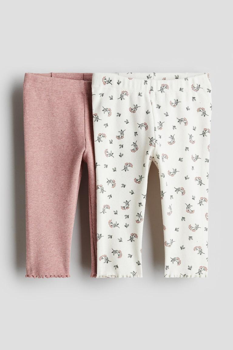 H&M Leggings in cotone a coste 2 pezzi - Rosa polvere/fiori - BAMBINO