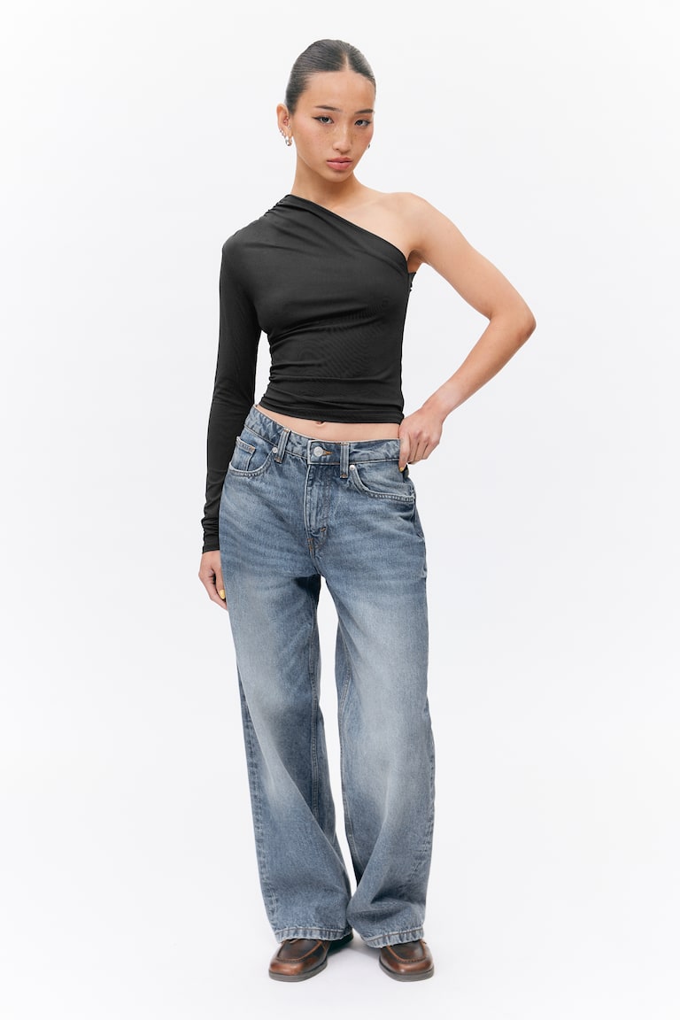 H&M Maglia monospalla in nylon drappeggiato - Nero - DONNA