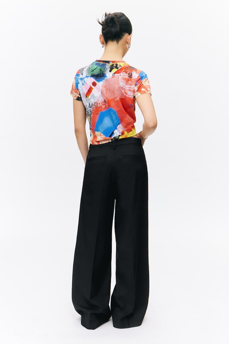 H&M Pantaloni Wide Tessuto Abiti Vita Bassa Con Piega - Grigio A Quadri - DONNA