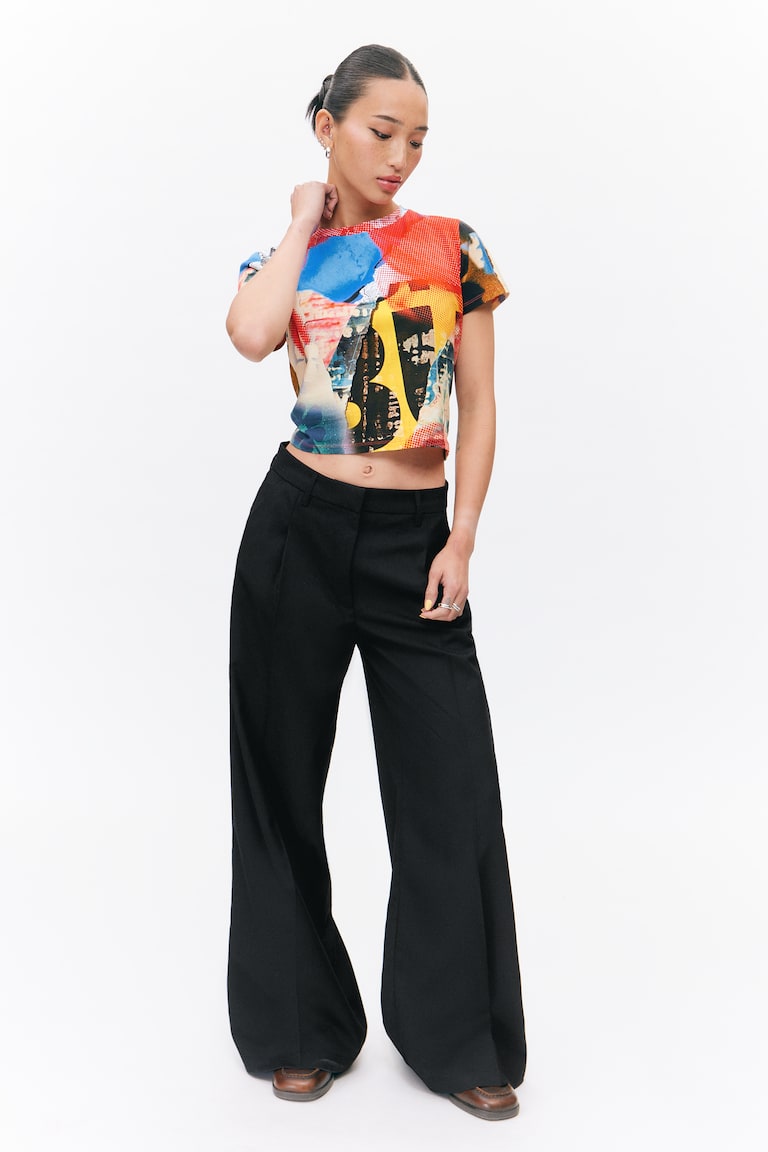 H&M Pantaloni wide tessuto abiti vita bassa con piega - Grigio a quadri - DONNA