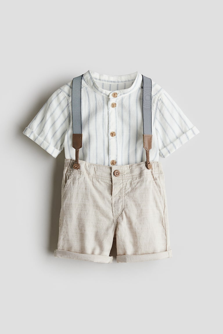H&M Set 2 pezzi con bretelle - Beige chiaro/bianco - BAMBINO