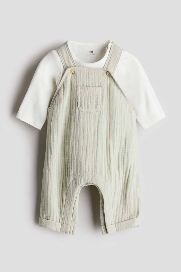 H&M Set 2 pezzi in cotone - Verde chiaro/bianco - BAMBINO