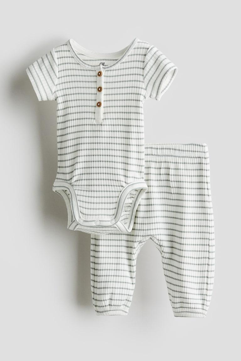 H&M Set 2 pezzi in jersey di cotone - Bianco/verde chiaro righe - BAMBINO