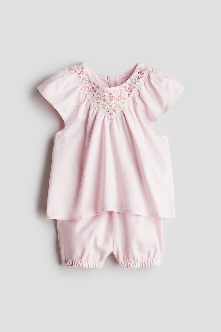 H&M Set 2 pezzi in misto lino - Azzurro/fiori - BAMBINO