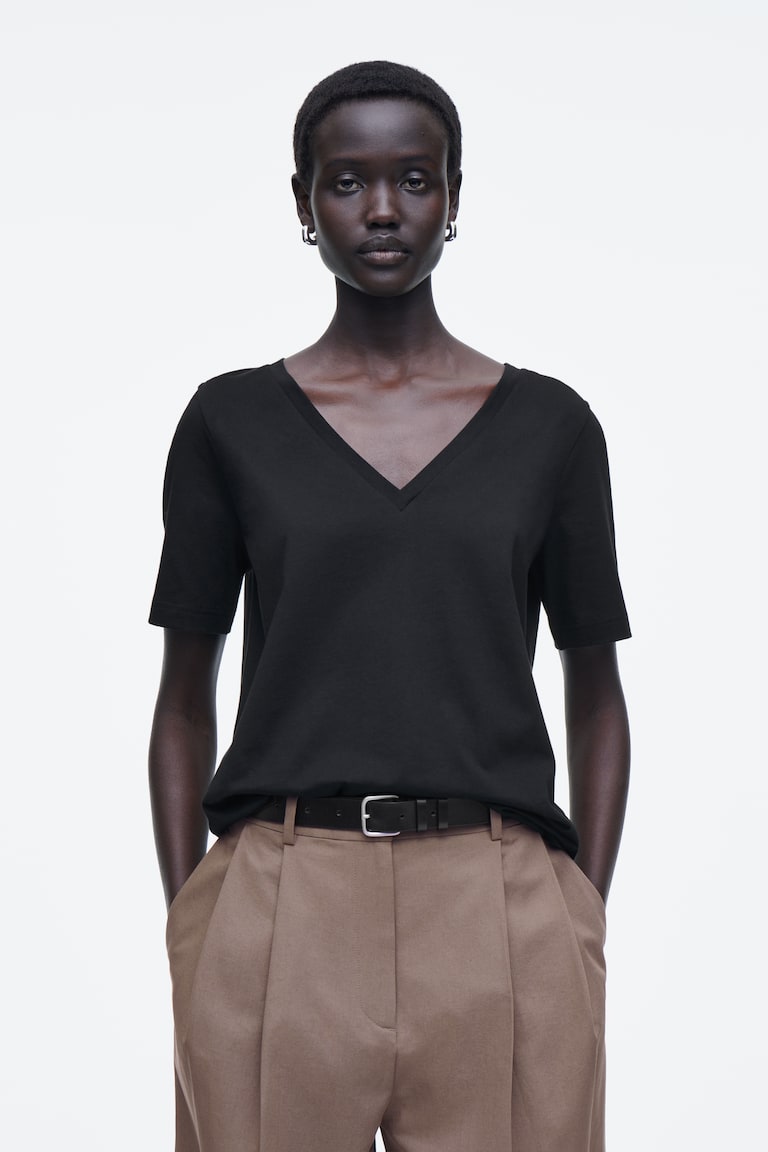 H&M T-SHIRT 24/7 CON SCOLLO A V DAL TAGLIO REGOLARE - KAKI - DONNA