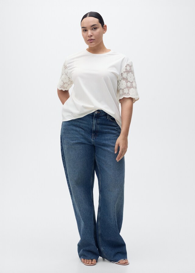 Mango Maglietta In Cotone Con Maniche All'uncinetto