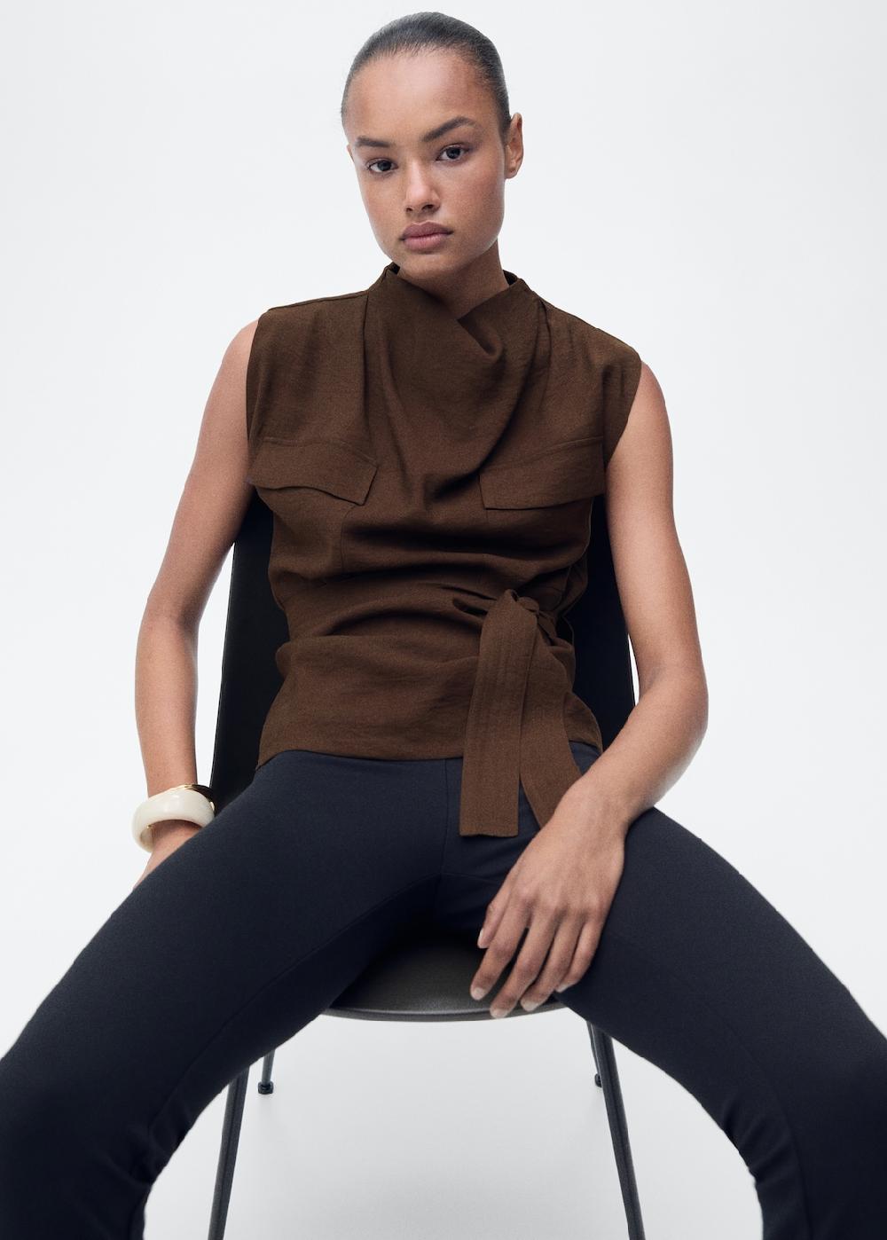 Mango Draped neck blouse with belt