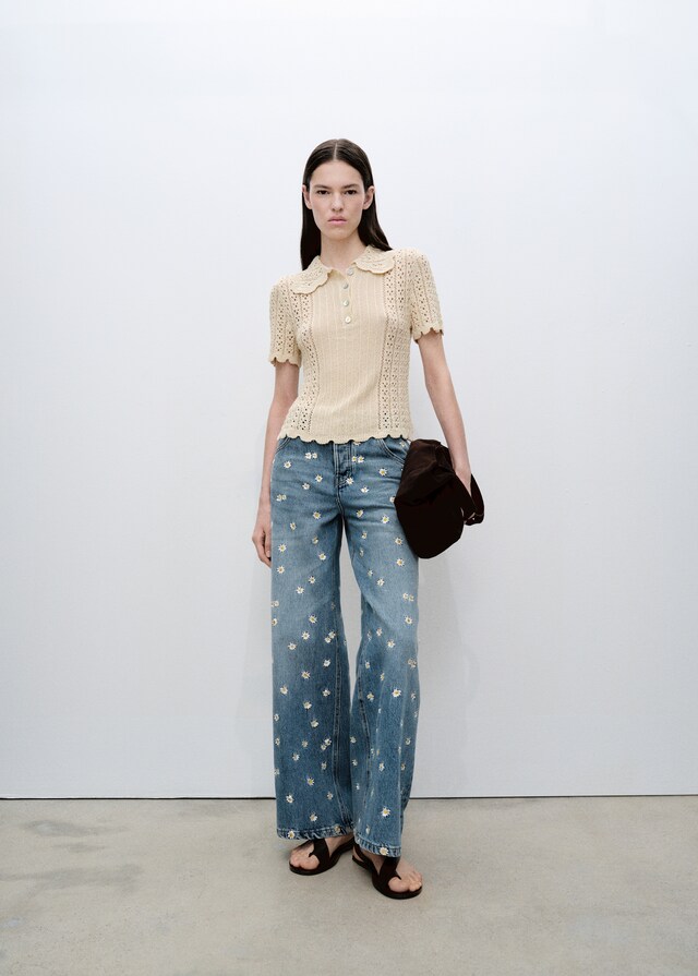 Mango Jeans Wideleg Ricamato Con Fiori