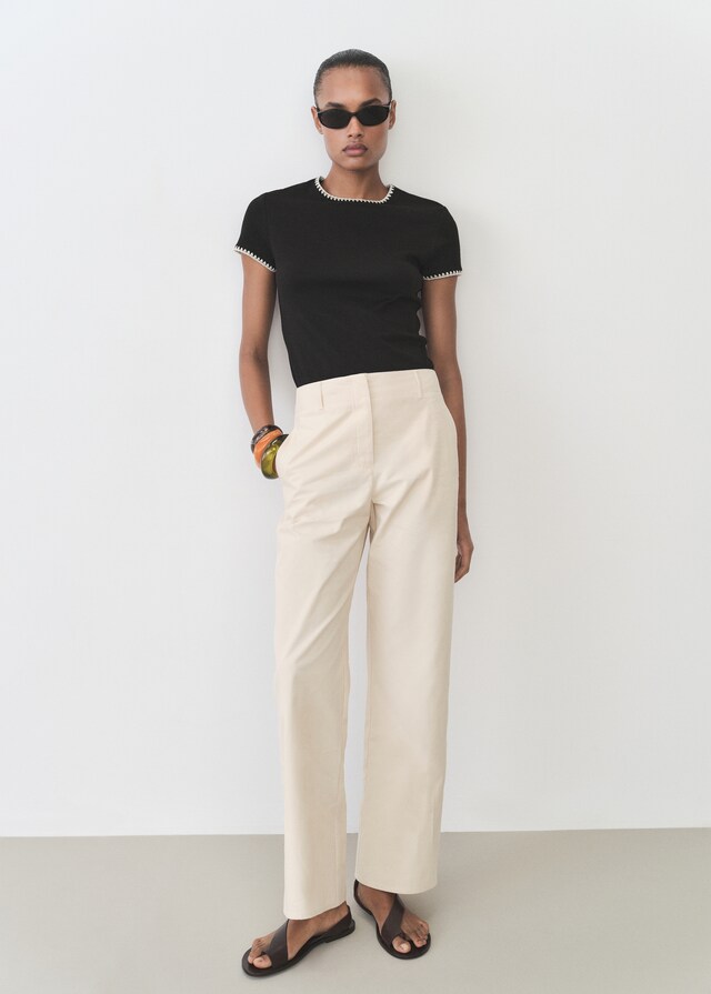 Mango Maglietta Cotone Bordi Contrasto