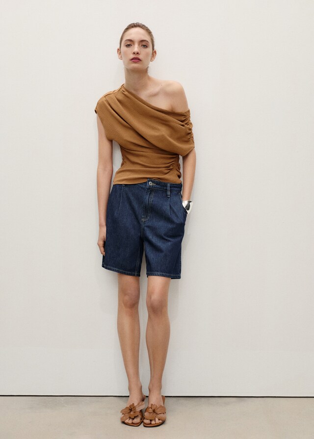 Mango Rinse Wash Pleated Denim Bermuda Shorts