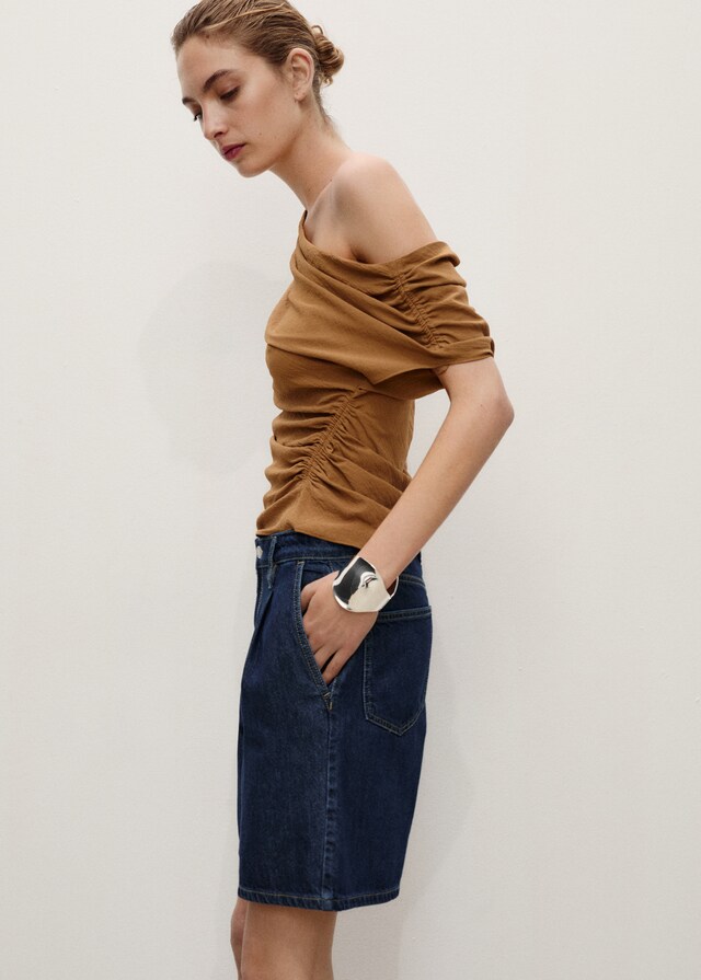 Mango Rinse Wash Pleated Denim Bermuda Shorts