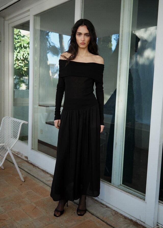 Mango Vestito Spalle Scoperte Tessuto Combinato