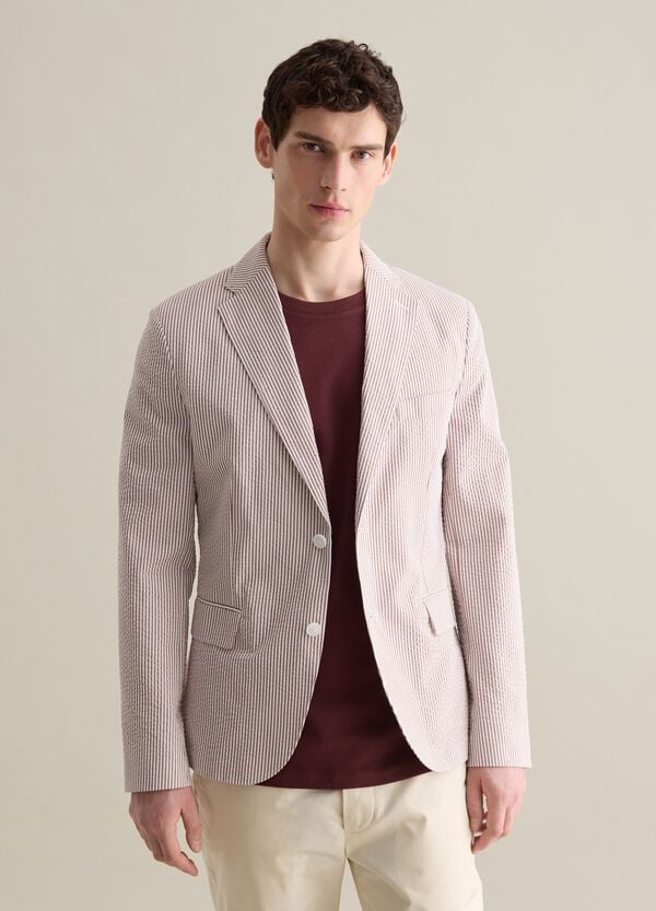Ovs Blazer bianco e marrone slim fit in seersucker a righe