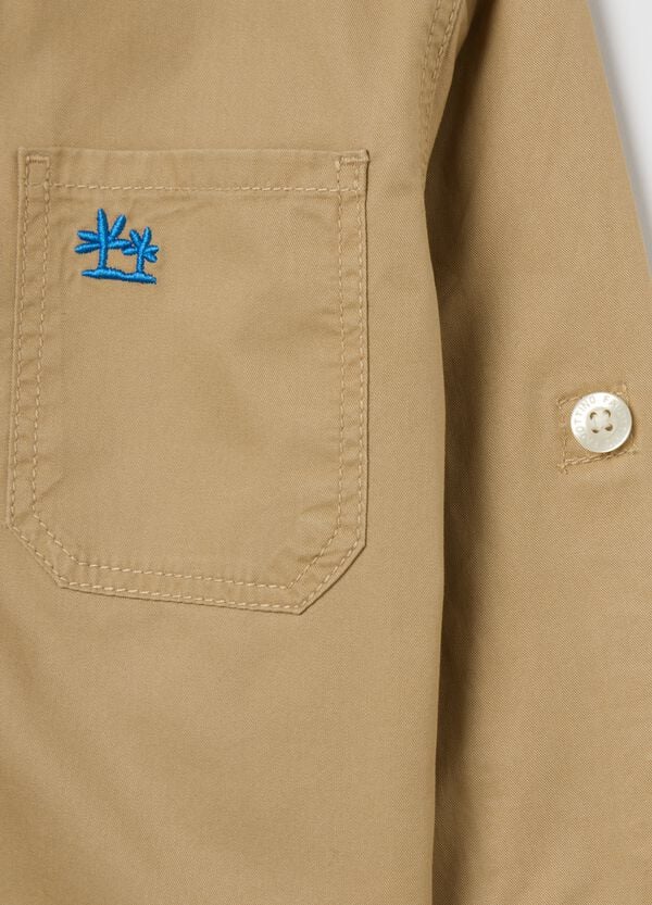 Ovs Camicia Beige In Cotone Con Tasche E Ricamo Palme