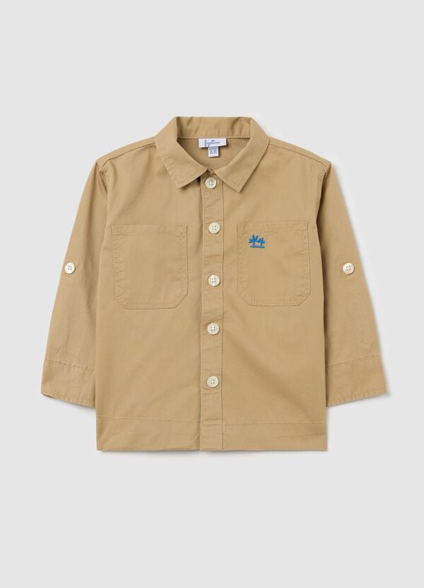 Ovs Camicia beige in cotone con tasche e ricamo palme