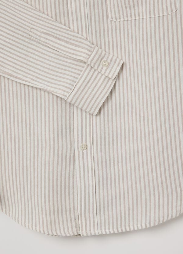 Ovs Camicia Bianca E Beige In Cotone Viscosa E Lino A Righe