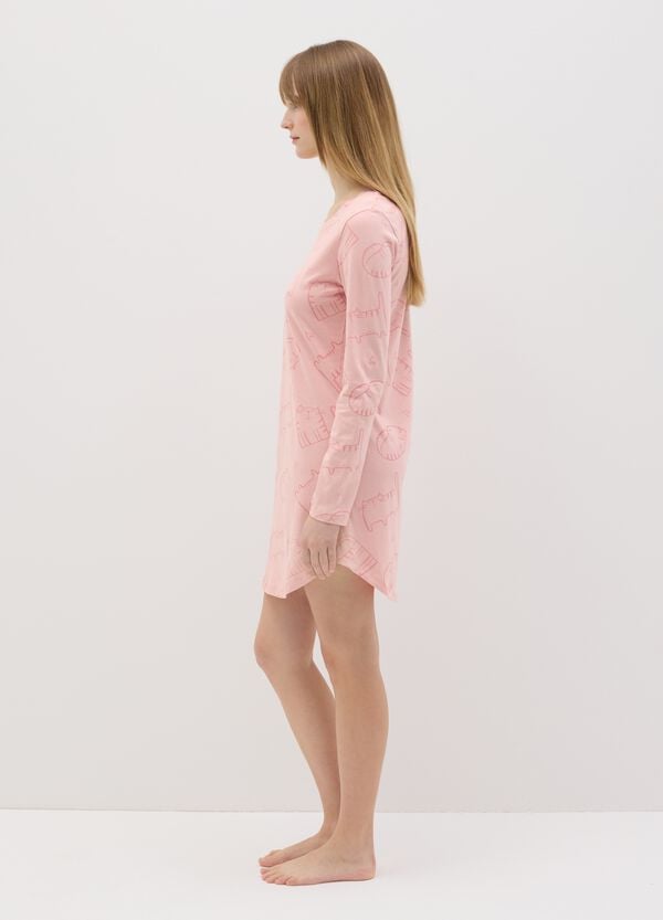Ovs Camicia Da Notte In Cotone Rosa Con Stampa Gatti