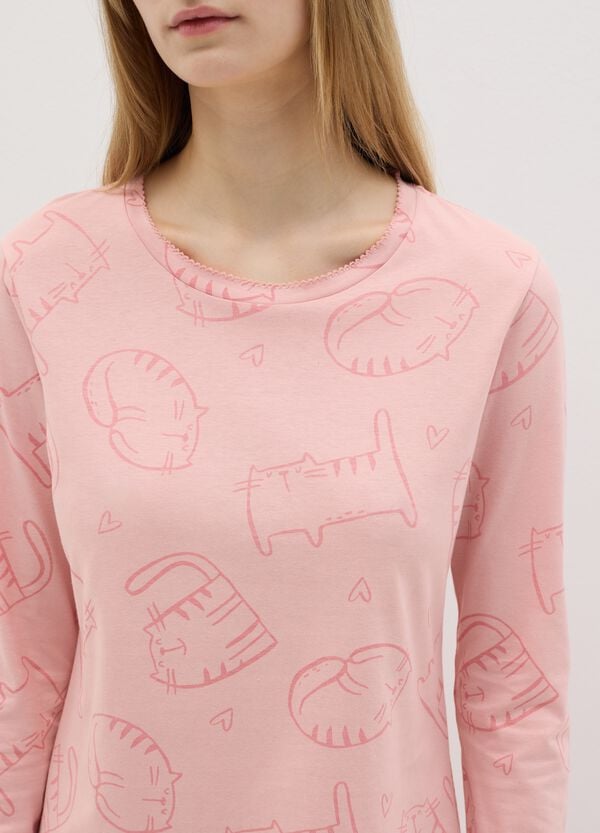 Ovs Camicia Da Notte In Cotone Rosa Con Stampa Gatti