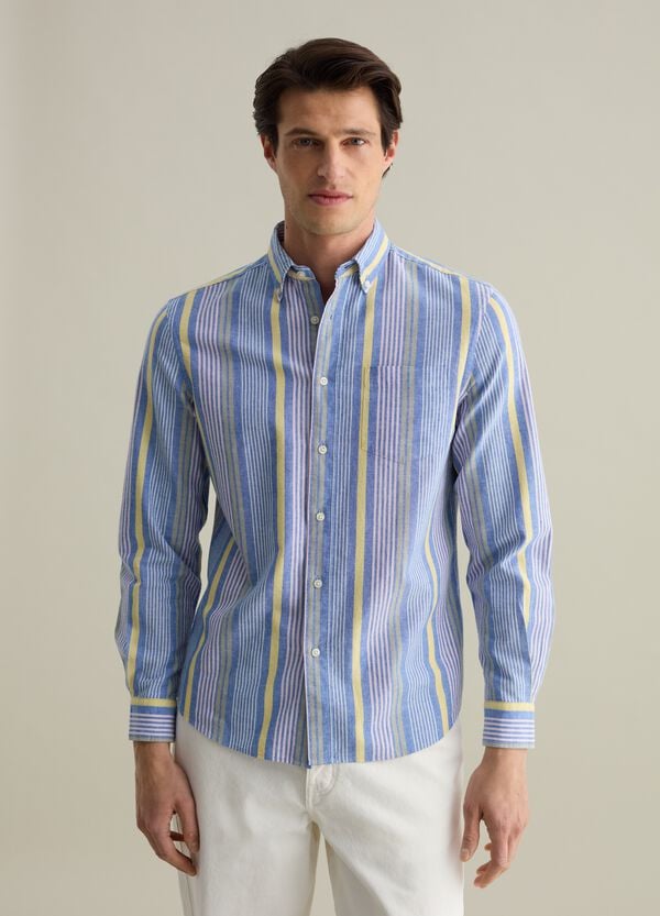 Ovs Camicia Regular Fit In Cotone E Lino A Righe Multicolore