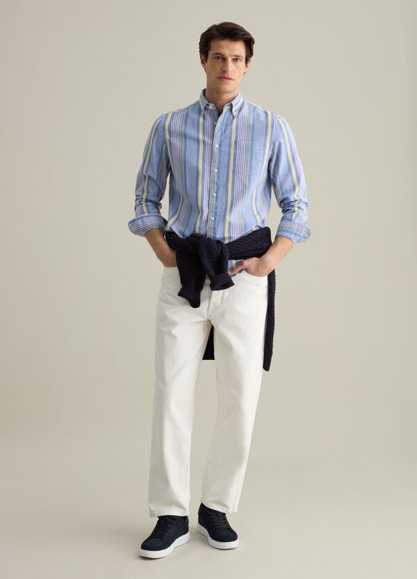 Ovs Camicia regular fit in cotone e lino a righe multicolore