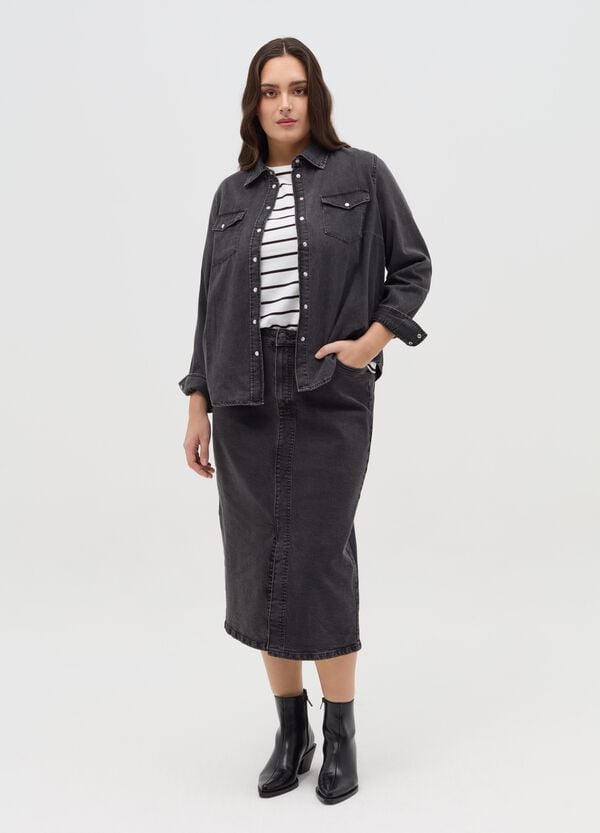 Ovs Camicia Western In Denim Con Bottoni Perlati Curvy