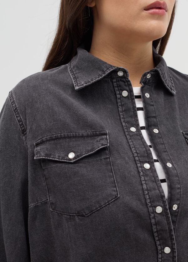 Ovs Camicia Western In Denim Con Bottoni Perlati Curvy