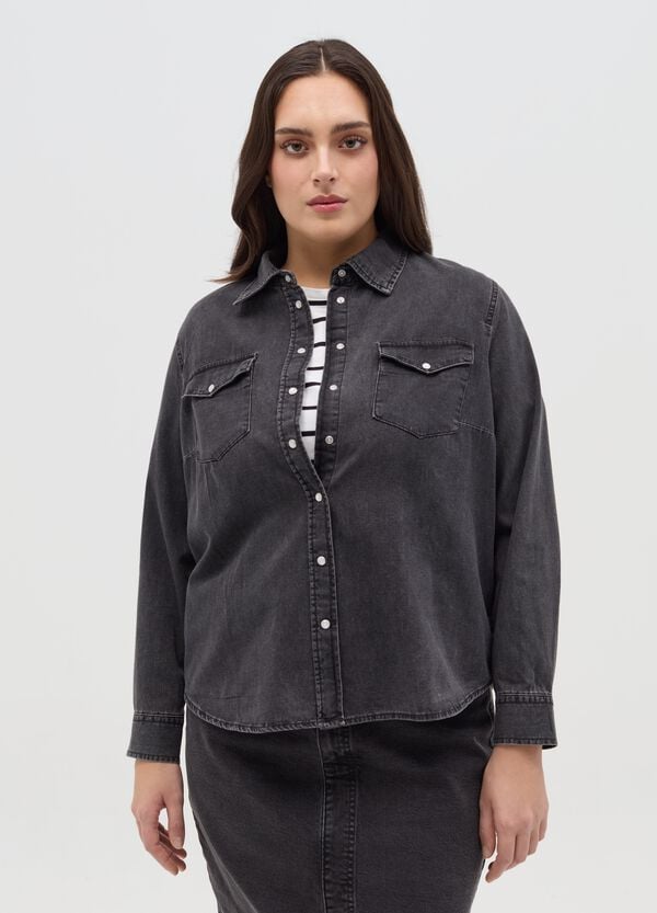 Ovs Camicia western in denim con bottoni perlati Curvy