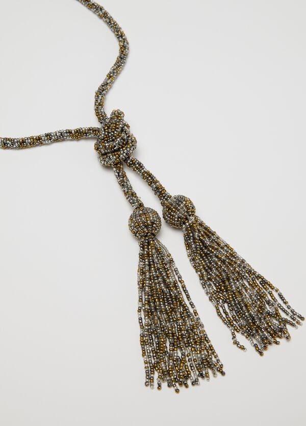 Ovs Collana Lunga Grigio E Oro Con Perline E Nappine