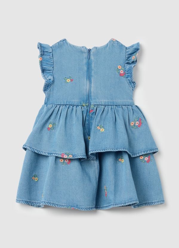 Ovs Abito In Denim A Balze Con Ricamo Fiori